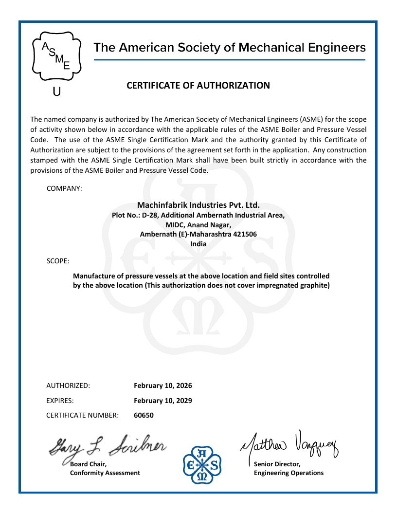 ASME Certificate of Authorization No. 60650, U designator, Machinfabrik Industries Pvt. Ltd.